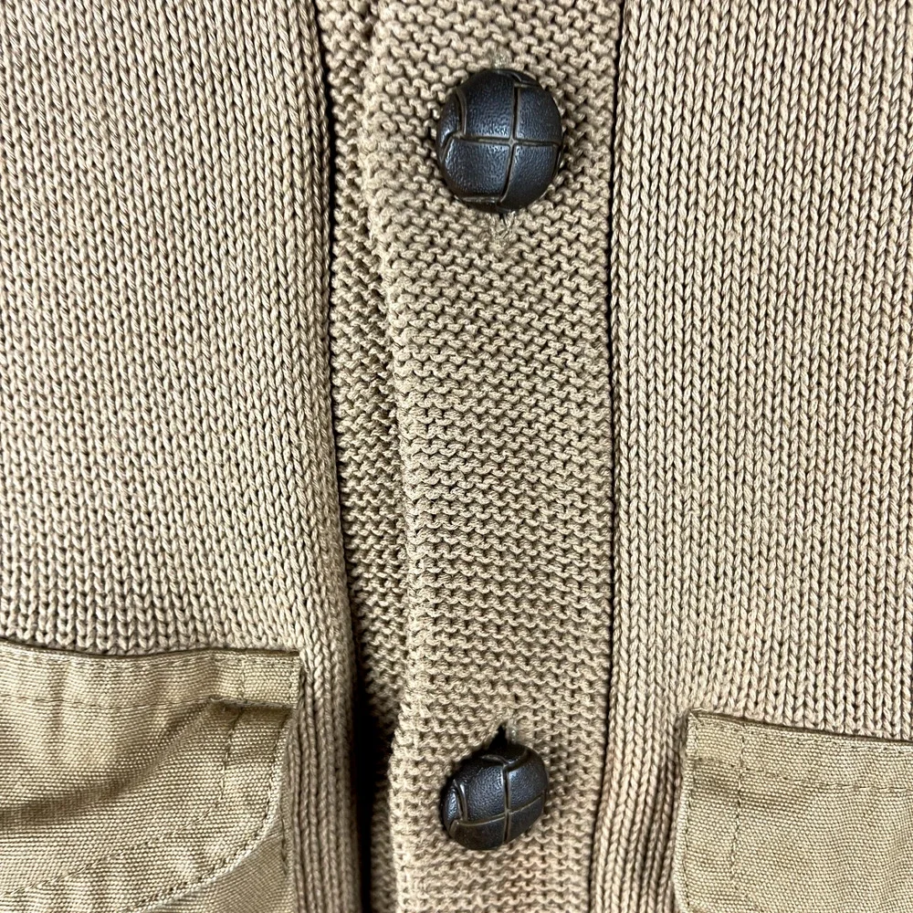 French Connection Safari Cardigan Sweater Mens Medium Tan Shawl Collar Cotton